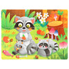 A wooden jigsaw puzzle featuring cute pandas and forest elements like flowers and mushrooms.