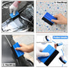 A hand is using a blue and black vinyl wrap application tool on a car window and a pair of shoes.