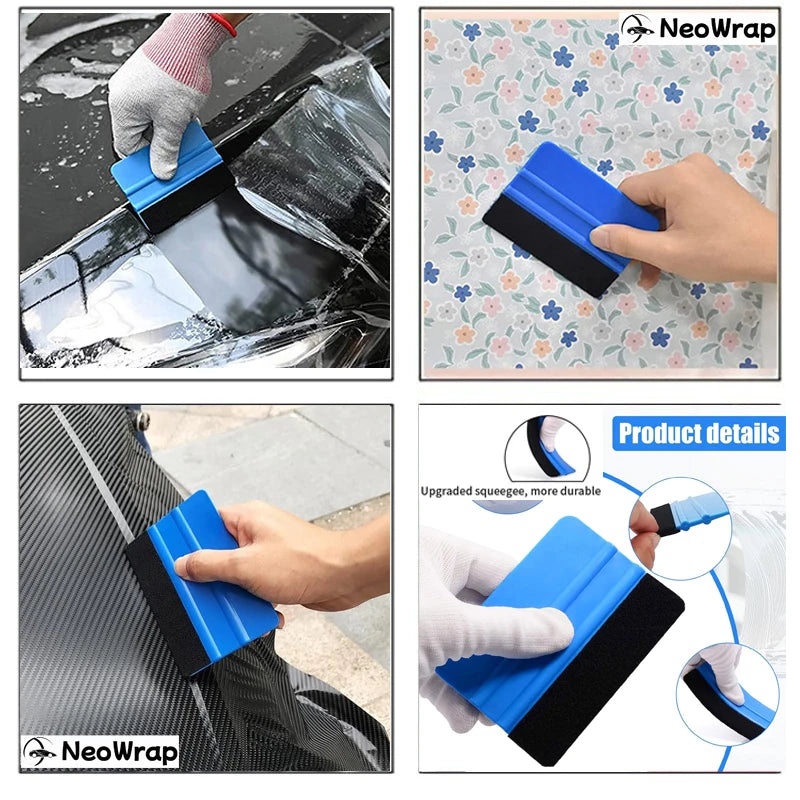 A hand is using a blue and black vinyl wrap application tool on a car window and a pair of shoes.