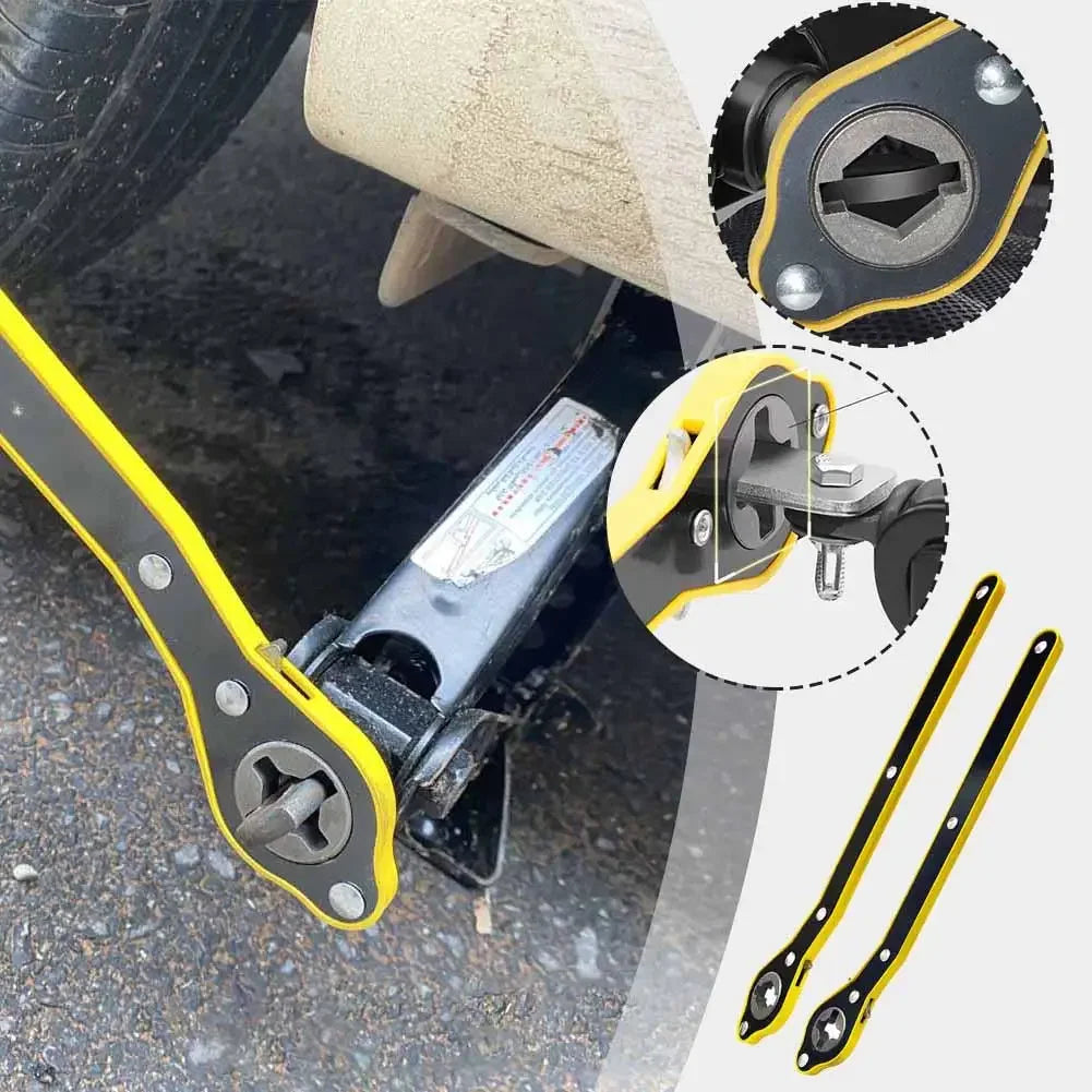 A close-up view of a labor-saving ratchet wrench for tire changes, showing the tool and its components.
