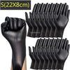 A set of black disposable gloves is shown, with a close-up view of the palm and fingers.