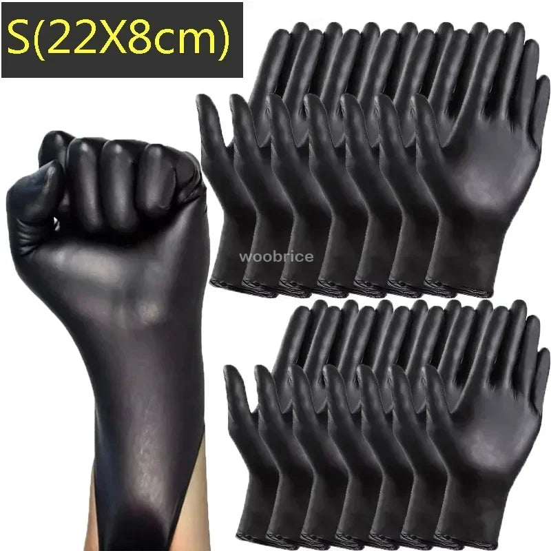 A set of black disposable gloves is shown, with a close-up view of the palm and fingers.