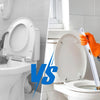 A woman is using a hands-free auto-open holder to clean a toilet with a disposable toilet brush kit.