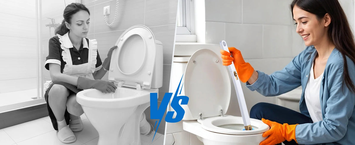 A woman is using a hands-free auto-open holder to clean a toilet with a disposable toilet brush kit.