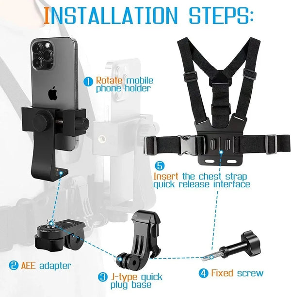 Étapes d'installation monture pectorale réglable pour smartphones avec adaptateurs et vis.