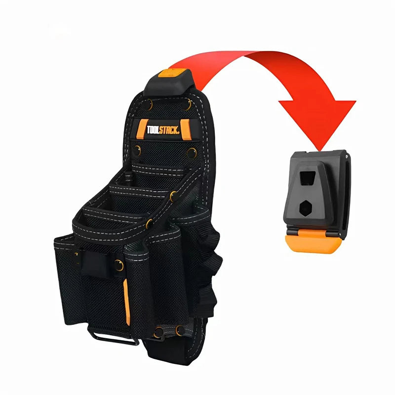 A black heavy duty electrician tool pouch with multiple pockets and an orange tool holder is shown.