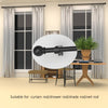 A black curtain rod with spherical finials is displayed in a bright room next to a window.
