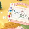 A pink magnetic drawing board for kids featuring a pencil and various colored gems on a yellow background.