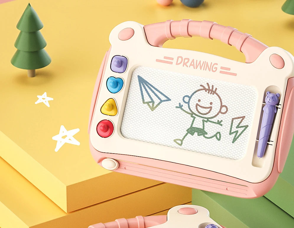 A pink magnetic drawing board for kids featuring a pencil and various colored gems on a yellow background.