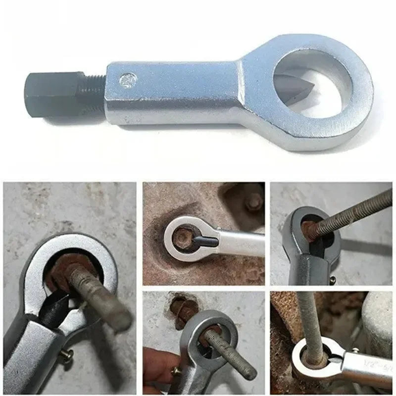 A silver rusty nut splitter tool is shown with various sizes of damaged screws and nuts being removed.