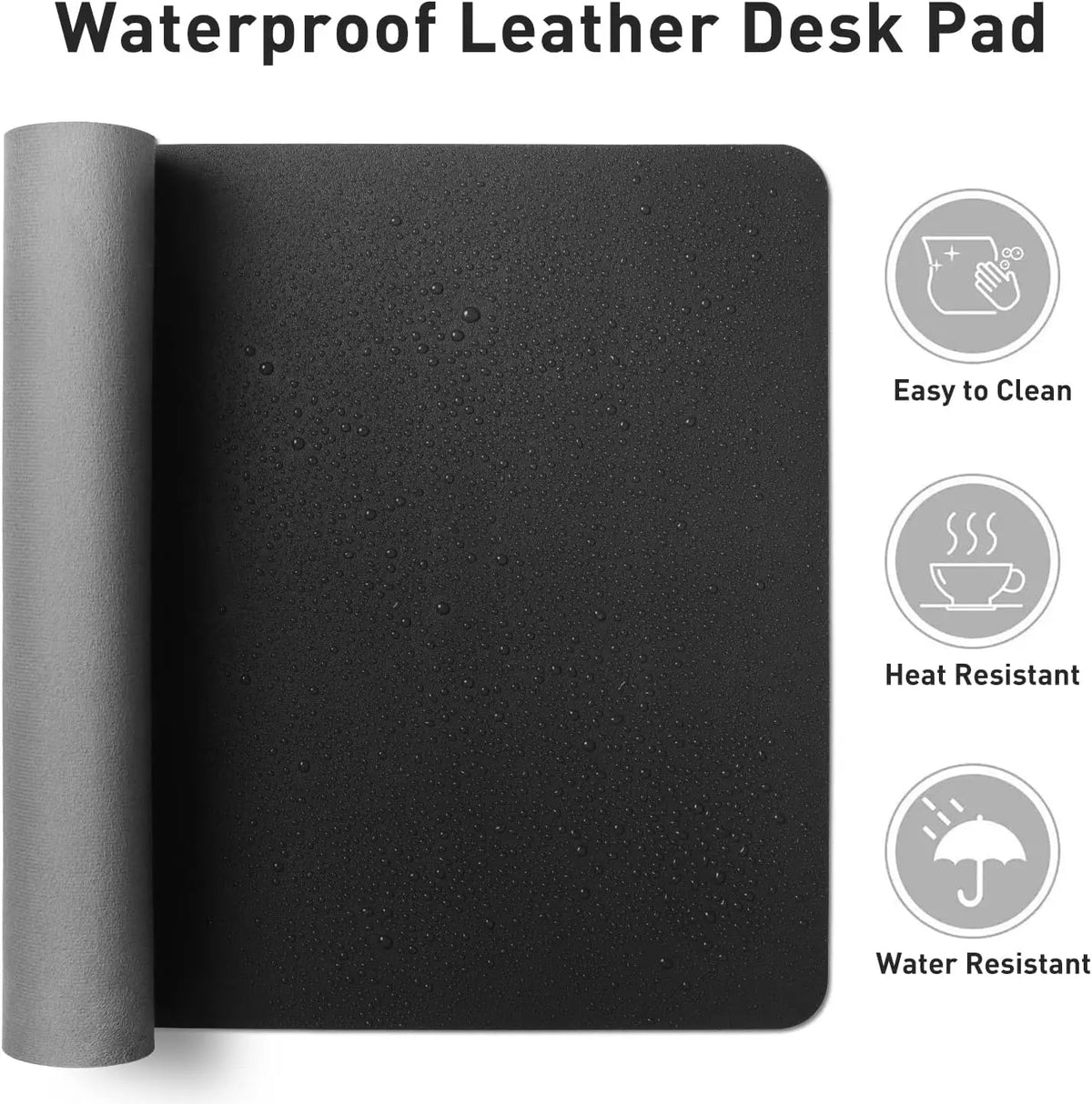 A black waterproof leather desk pad with icons indicating it is easy to clean, heat resistant, and water resistant.