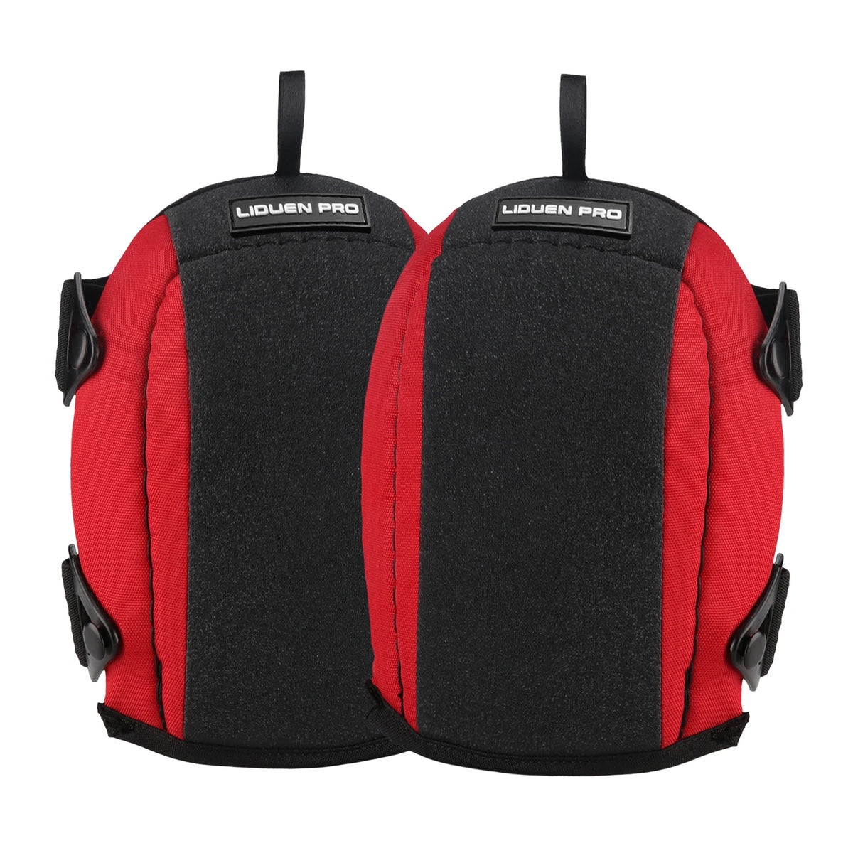 A pair of black and red non-slip work knee pads with thick foam padding.