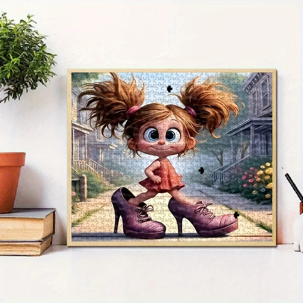 A jigsaw puzzle featuring a cute, expressive cartoon character with brown hair and purple shoes standing in a rustic outdoor 