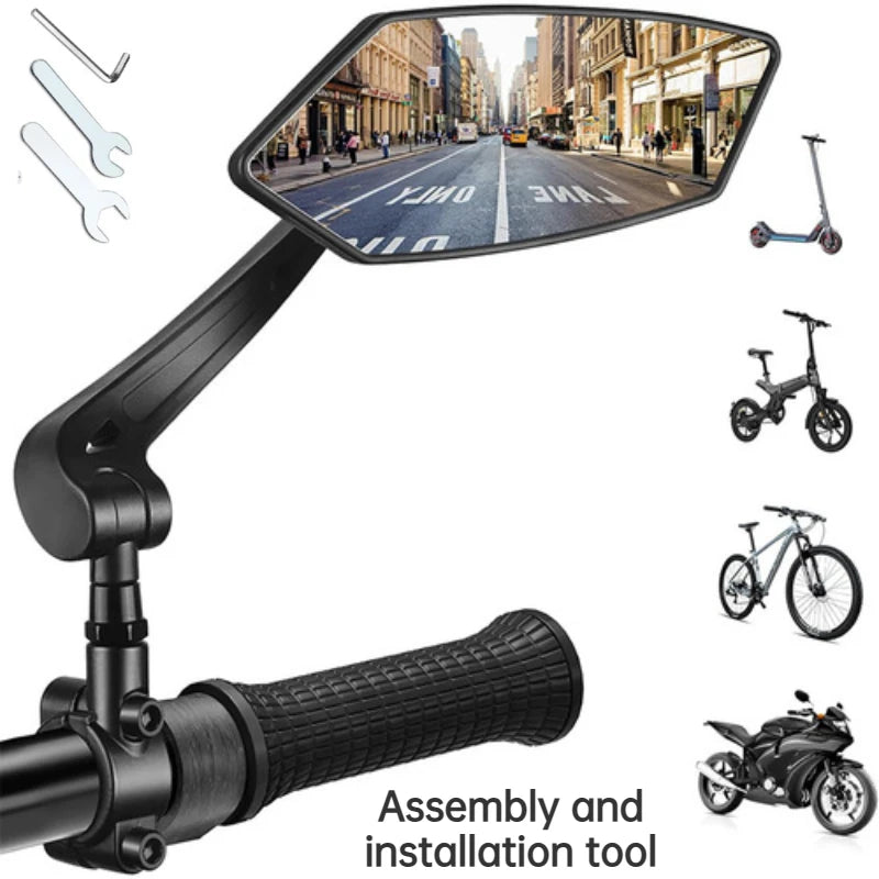 A black adjustable 360 degree bicycle handlebar rearview mirror with an assembly and installation tool.