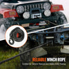 Close-up of a heavy-duty synthetic winch rope with a forged hook mounted on a vehicle for rescue and towing.