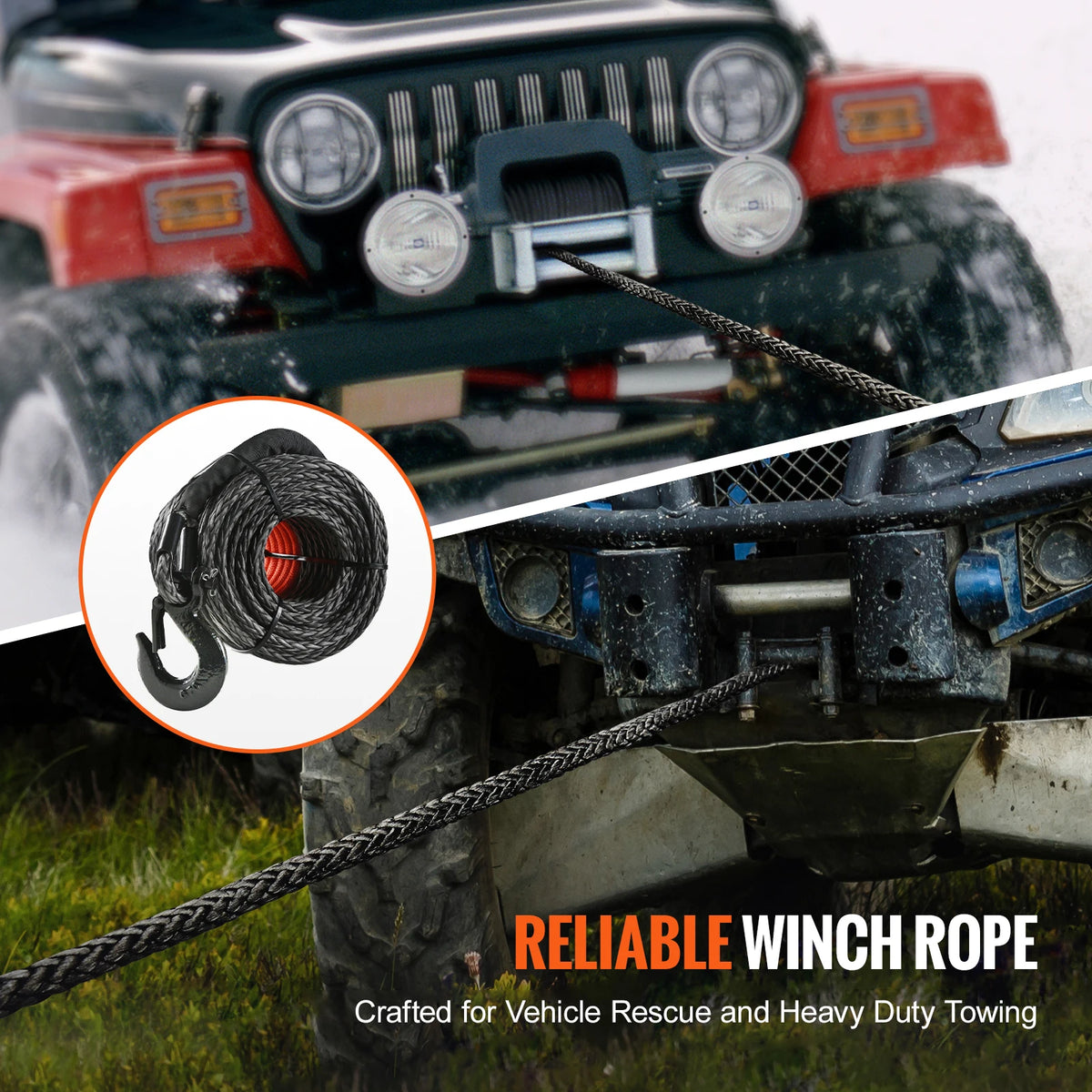 Close-up of a heavy-duty synthetic winch rope with a forged hook mounted on a vehicle for rescue and towing.