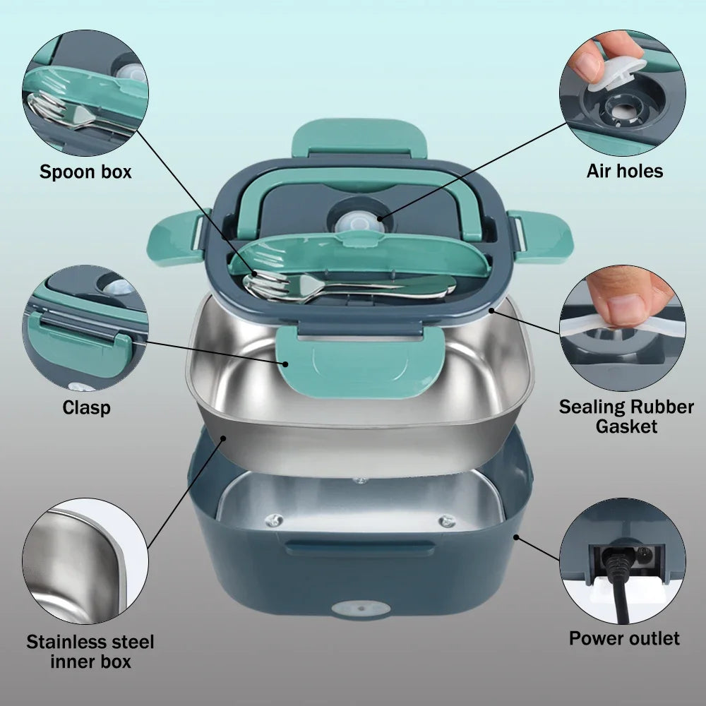 Diagram showing the components of a portable electric lunch box including the spoon box, air holes, sealing rubber gasket, st