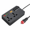 A black car power inverter with a digital display showing 12.0 and multiple output ports.