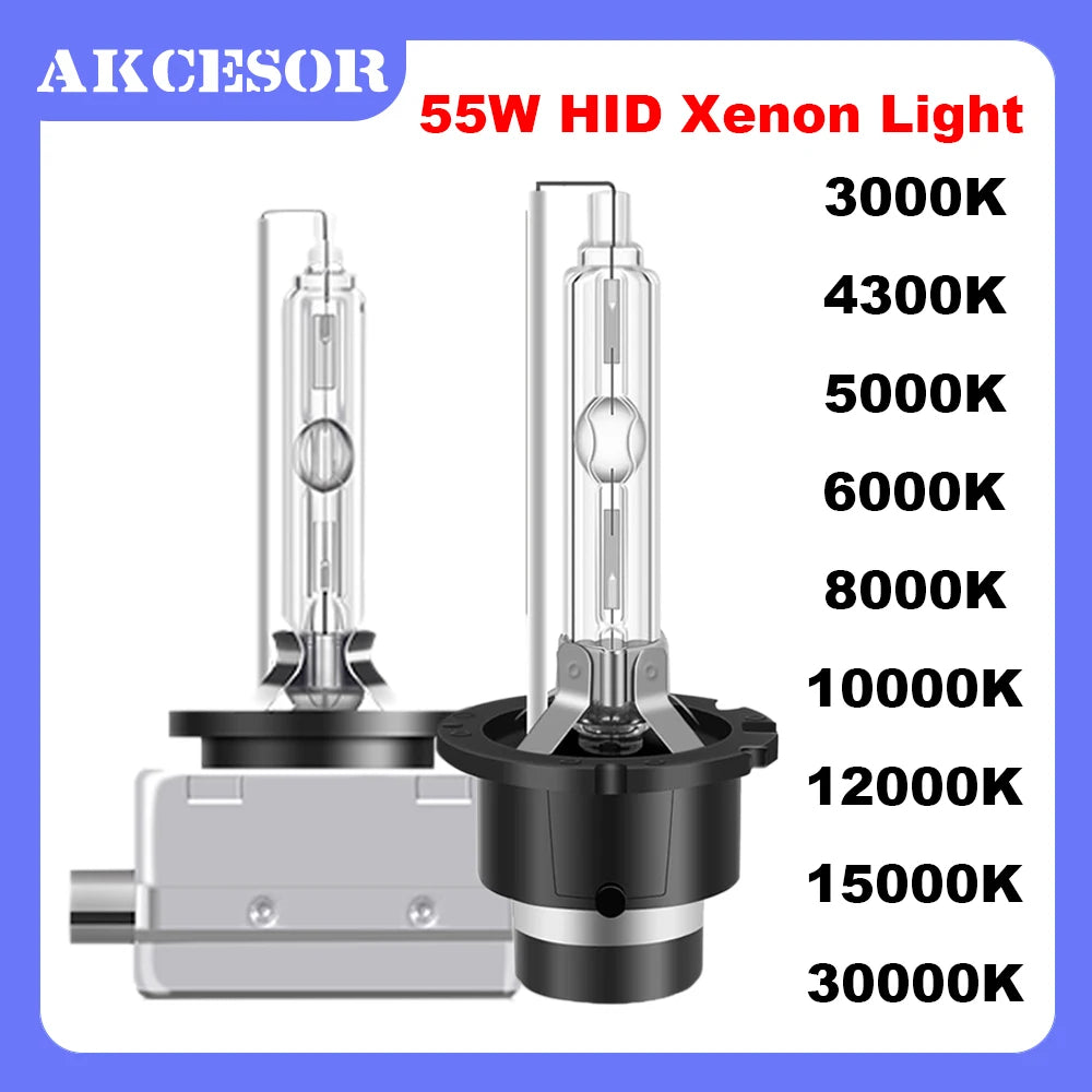 Set of 55W HID Xenon light bulbs with various color temperatures displayed on a black base.