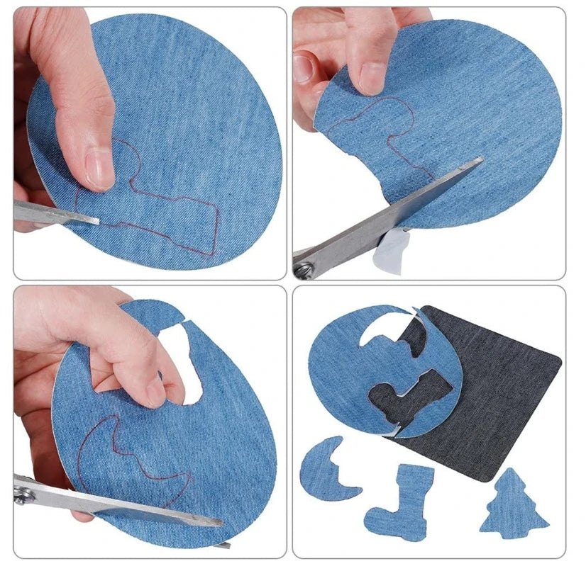 Hands demonstrate using iron-on fabric patches to repair clothing and create DIY decor.