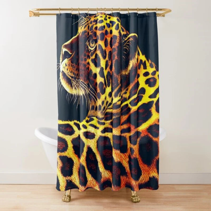 A dark curtain featuring a vibrant yellow and black leopard print hanging from a wooden rod.