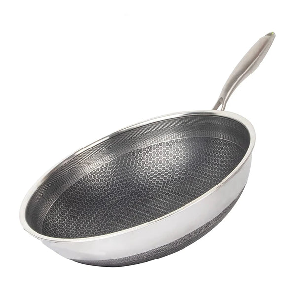 A silver 316 stainless steel honeycomb nonstick wok with a long handle.
