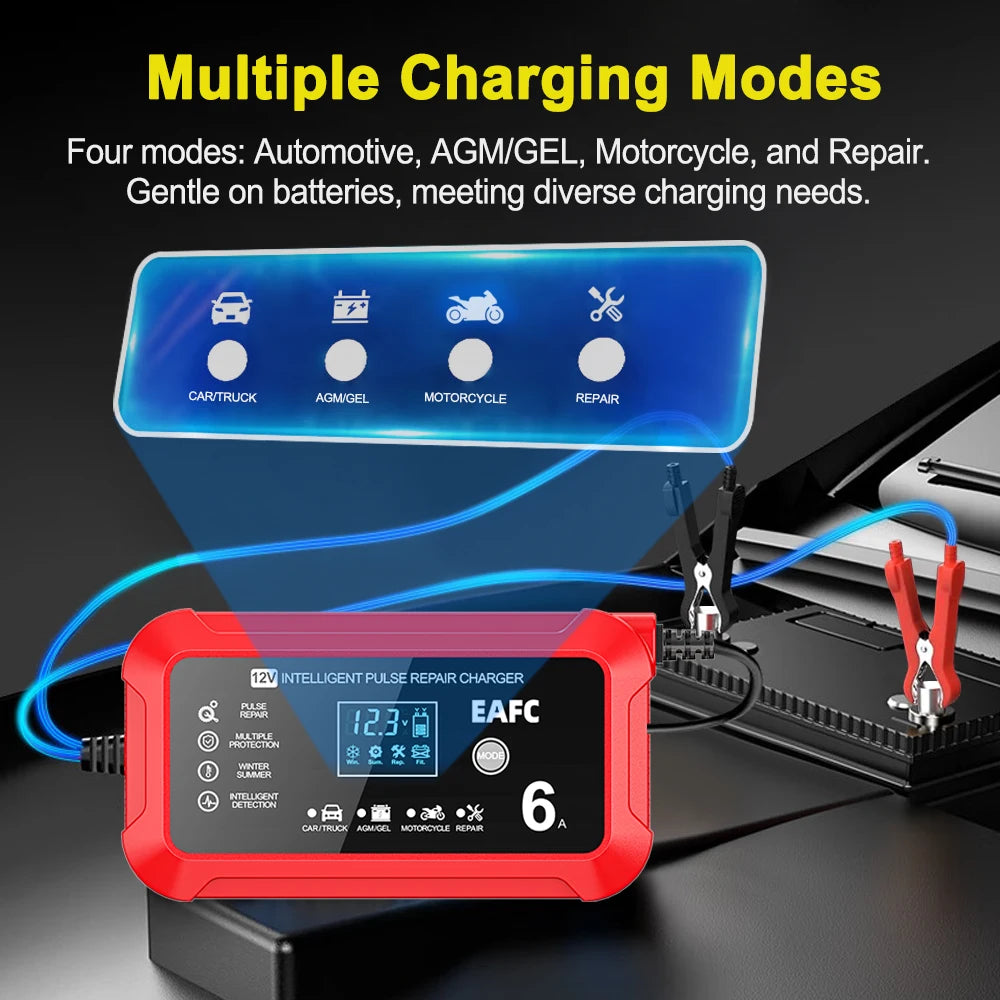A red 12V intelligent pulse repair charger with an LCD display is shown next to four charging mode icons.