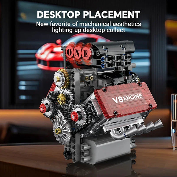 A detailed model of a V8 engine built from mechanical aesthetic components for desktop placement.