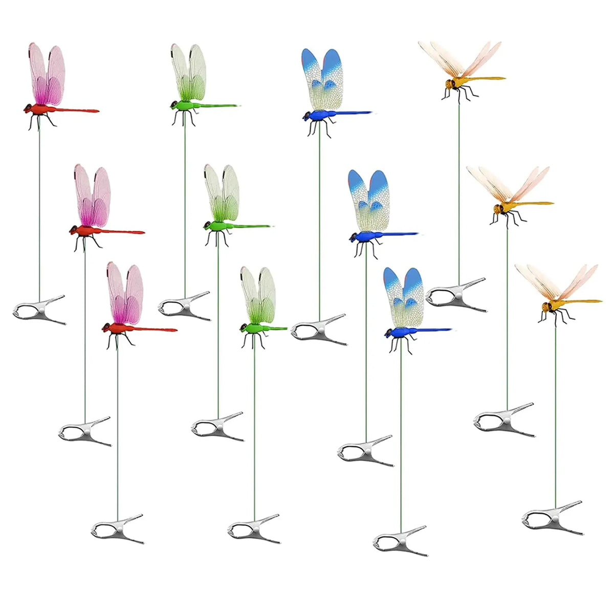 A collection of lifelike dragonfly garden decor clips in various colors and sizes.