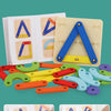 A set of wooden geoboard shapes and colored holes for a baby play puzzle featuring triangles and other shapes.