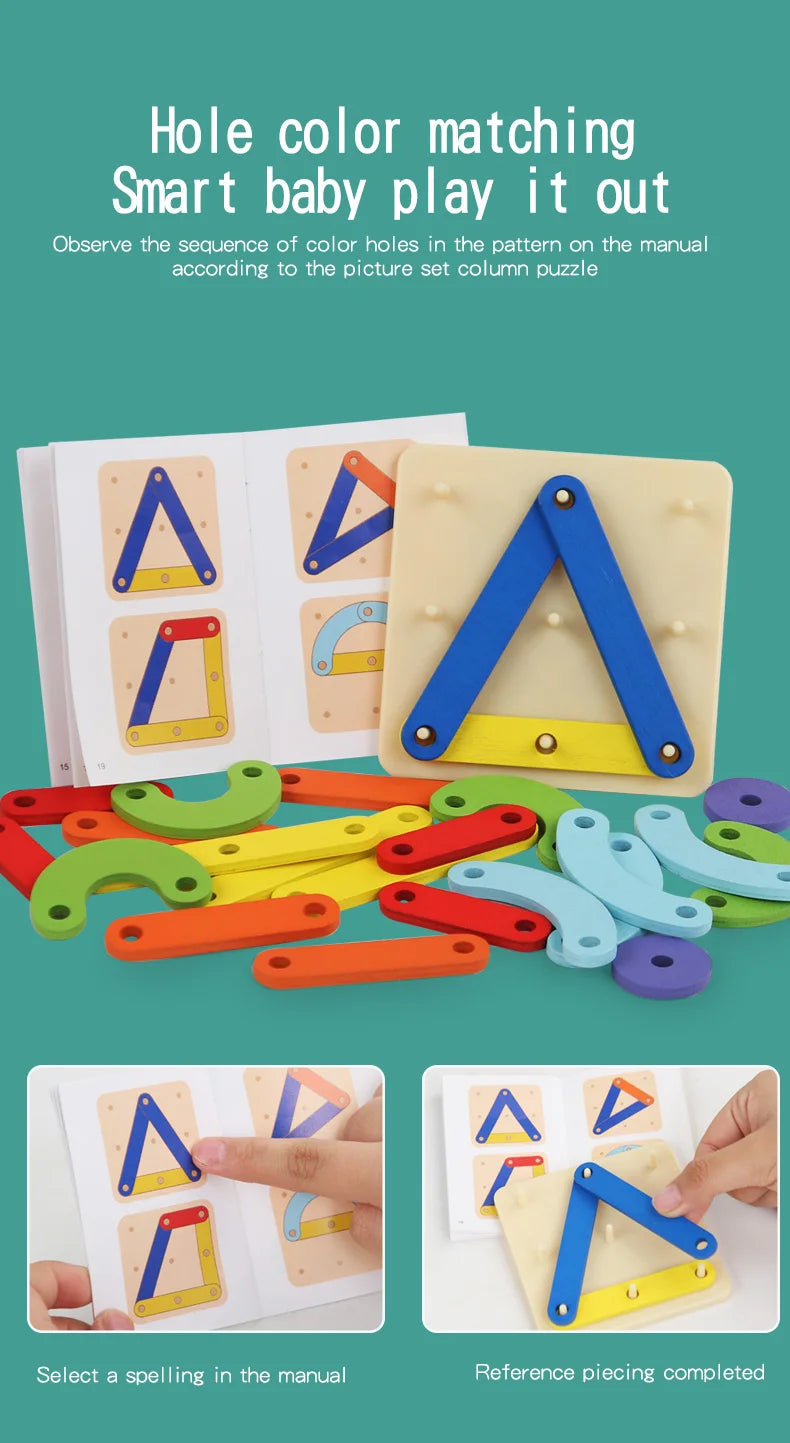 A set of wooden geoboard shapes and colored holes for a baby play puzzle featuring triangles and other shapes.