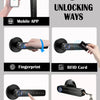 Five ways to unlock a smart door handle lock including mobile app fingerprint RFID card and mechanical key methods