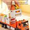 A hand is assembling a diecast metal fruit and vegetable transport truck model for simulation storage and trailer slot instal