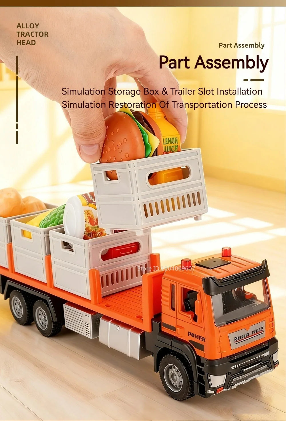 A hand is assembling a diecast metal fruit and vegetable transport truck model for simulation storage and trailer slot instal