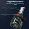Close-up view of an aluminum LED headlight bulb with a cooling fan, showing customization options for color temperature and a