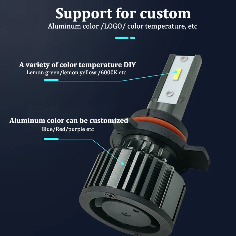 Close-up view of an aluminum LED headlight bulb with a cooling fan, showing customization options for color temperature and a