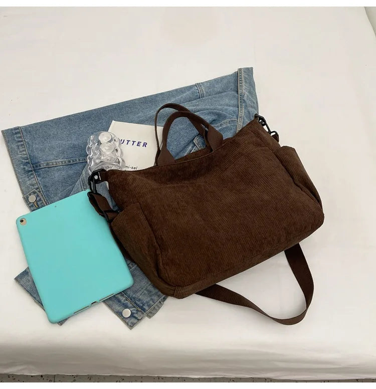 Multi-Pocket Corduroy Tote Bag – Large Capacity Casual Satchel for Travel, Work & Commute