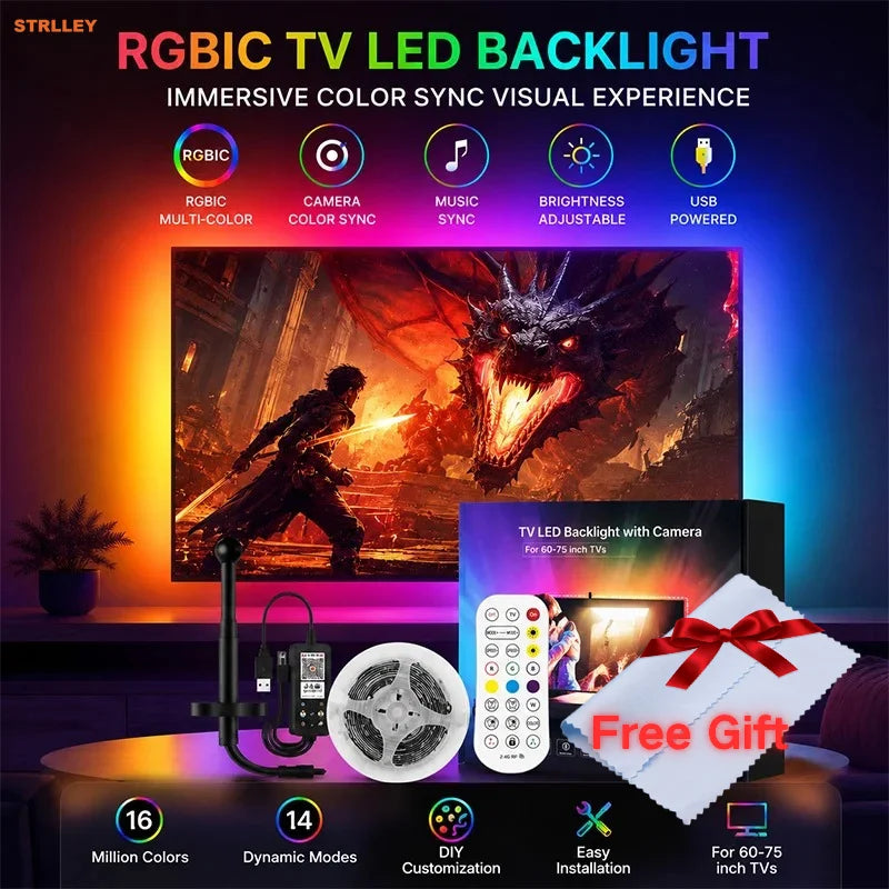 An RGBIC TV LED backlight with camera sync and USB power, demonstrating immersive color sync visual experience.