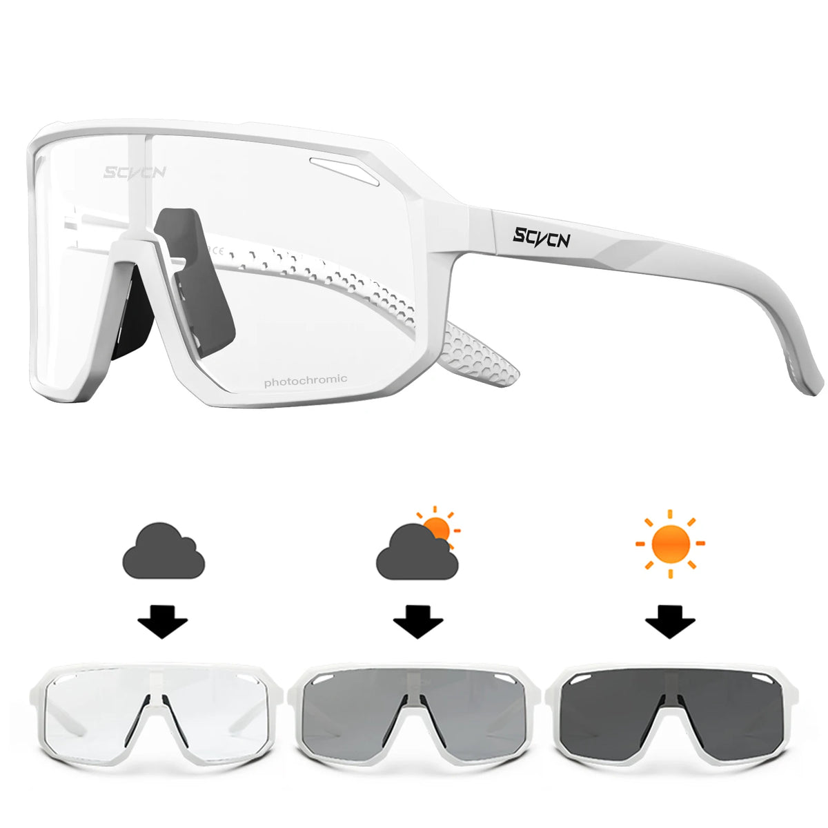 A photochromic cycling sunglasses in white and gray are shown with different tint levels.