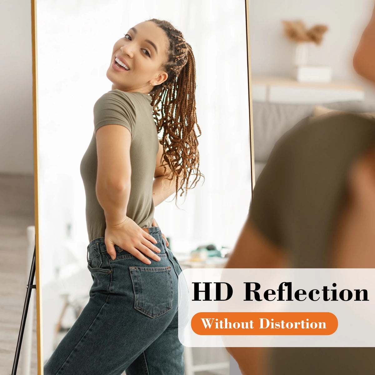 A woman is reflected in a full-length mirror, showing an HD reflection without distortion.