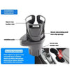 Installation instructions for an adjustable 2-in-1 car cup holder with an expandable base showing the upper and lower cup hol