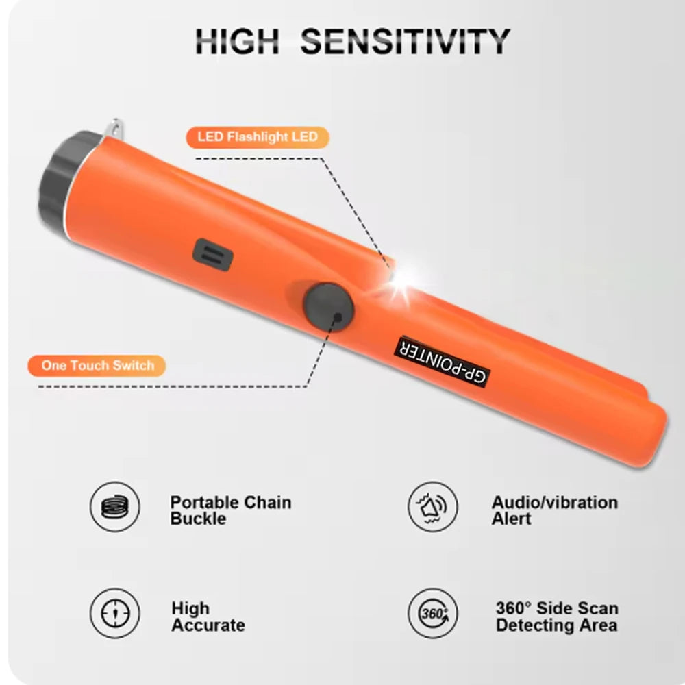 Orange handheld metal detector with LED flashlight, one-touch switch, and features like a portable chain buckle and high accu