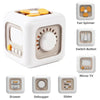 A white, square sensory toy with various features including a fan spinner, switch button, mirror TV, drawer, debugger, and sl
