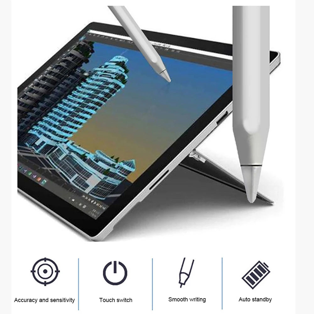 Un bolígrafo stylus plateado junto a una tableta que muestra un diseño arquitectónico azul.
