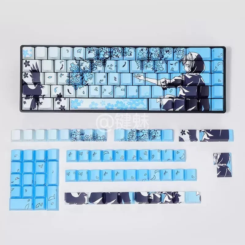 Un set de keycaps Raven Sakura pour clavier mécanique avec des designs bleu et noir.