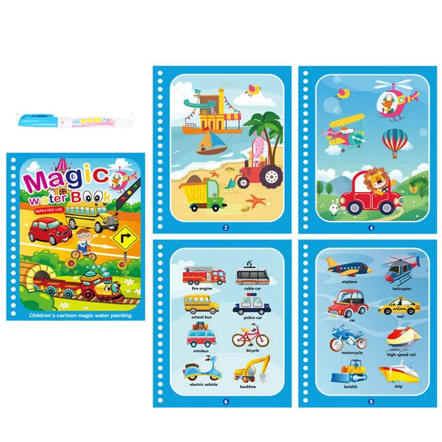 A set of five pages from a reusable water drawing book featuring various vehicles and objects for children.