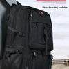 A black large capacity travel backpack is shown being worn by a person, highlighting its features and size.