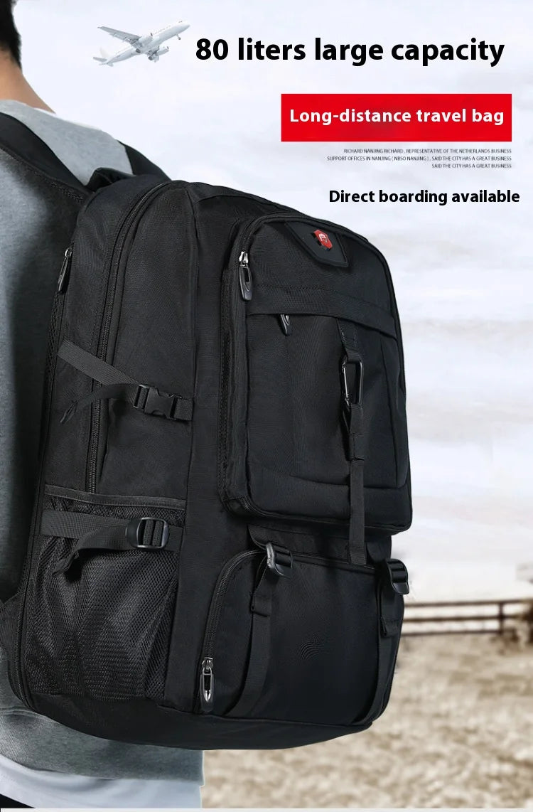 A black large capacity travel backpack is shown being worn by a person, highlighting its features and size.