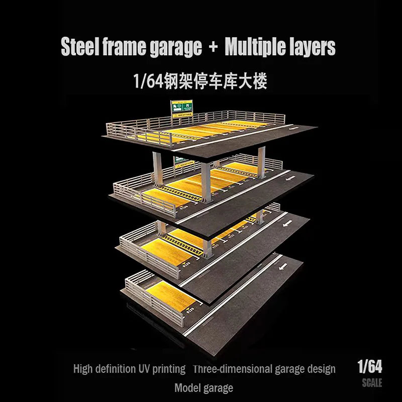A multi-layered steel frame garage diorama kit in 1/64 scale featuring UV printed details and a model garage design.