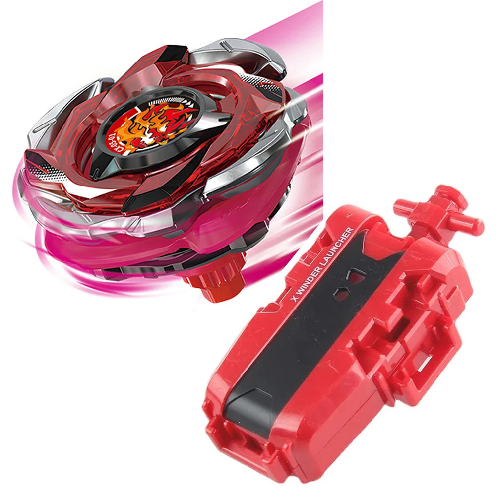 A red Beyblade launcher set featuring a Phoenix Wing and Drumsword component.